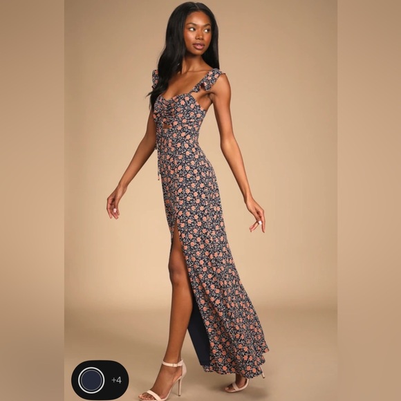 Lulus Dresses & Skirts - Lulu's Navy Blue Floral Maxi Dress with Slit
